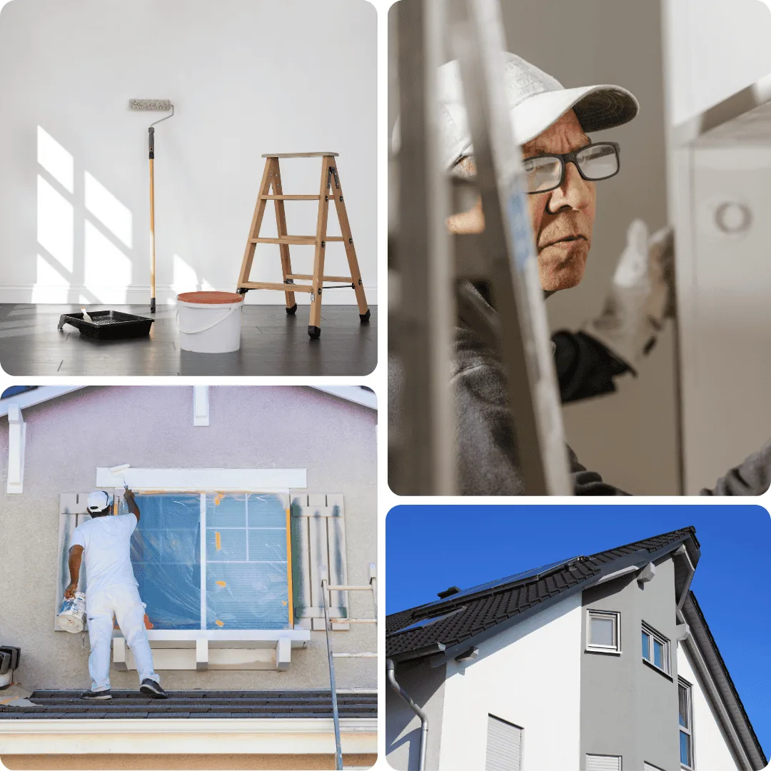 Odyssey Painting crew at work: interior roller prep, cabinet detailing, exterior trim painting, and a finished home exterior